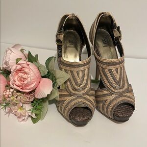 Bakers Tan Heels with Geometric Pattern and Peep Toe Design